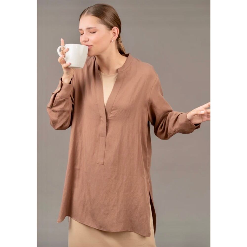 Zara | Women's Size L Notched Split Neck Hi-Low Tunic Brown Lyocell Shirt
